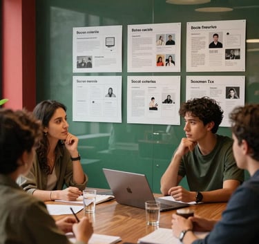 A collaborative meeting in a modern creative agency in Mexico, with social media planning charts on a glass wall, warm professional lighting, crimson red and forest green design accents.