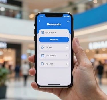 Clean photography of a smartphone held in a hand, displaying a digital wallet with rewards points, set against a blurred background of a trendy Indian shopping mall with white and vibrant blue decor.