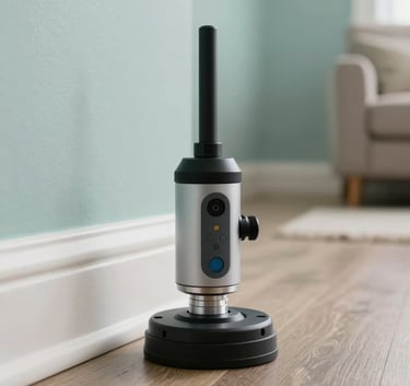 A macro shot of a modern, high-tech pest inspection tool being used along the baseboards of a well-lit North American / US living room. The background is soft and clean, featuring Soft Mist Aqua wall tones and professional focus.