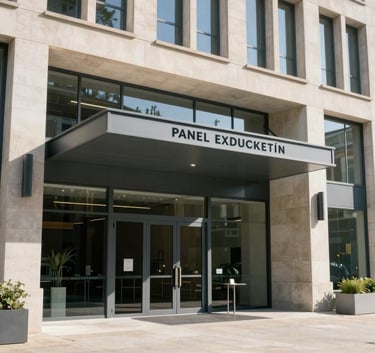 Wide shot of a prestigious modern building entrance in Lyon, France, representing professional education, shot in bright daylight with a clean architectural style.
