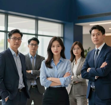 A group of confident IT professionals in an International / Global corporate lobby, dressed in modern business attire, with natural light and Deep Navy Blue architectural elements.