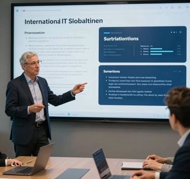 A senior IT consultant presenting a strategy in an International / Global boardroom, using a large touchscreen with Mist Gray and Deep Navy Blue UI elements, cinematic lighting.