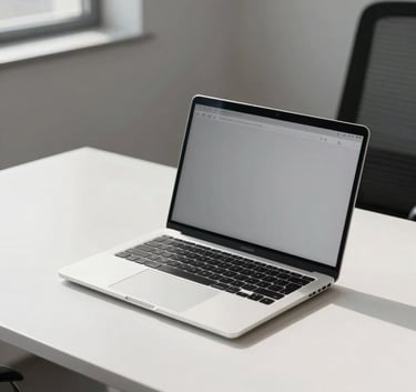 A sleek silver laptop on a minimalist white desk in a sunlit, modern North American / US corporate office, captured in a clean and sophisticated photography style.