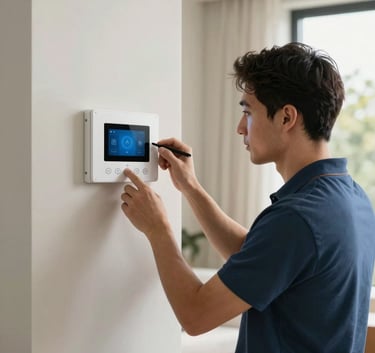 A professional electrician installing a modern smart-home system in a contemporary European / French residence, bright natural lighting with cool alabaster tones.