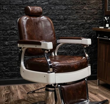Photography of a luxury vintage barber chair made of leather and chrome, positioned in a modern, masculine studio. The background is a dark, sophisticated brick wall with soft lighting. European / Romanian barbershop atmosphere.