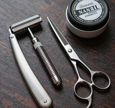 An artistic flat lay of high-end grooming tools: a classic straight razor, a silver scissors set, and a premium pomade jar on a dark wood surface. Professional studio lighting, reflecting a sophisticated masculine style. European / Romanian context.