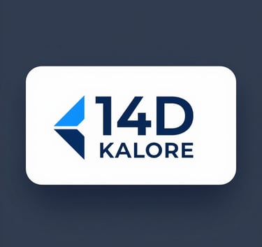 A minimalist corporate logo for 14D KALORE, featuring geometric shapes suggesting growth and stability, using #8CB3C7 on a professional #1A2E3C background.