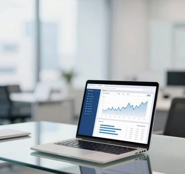 A high-end office interior with a glass desk, a modern laptop showing financial charts, and clean professional decor with subtle blue accents.