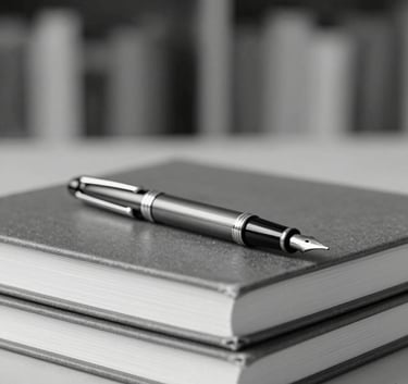 A minimalist, artistic shot of a classic fountain pen resting on a stack of academic journals. The background is a blurred library shelf. Subtle colors of #6C7A89 and #F8F8F8.