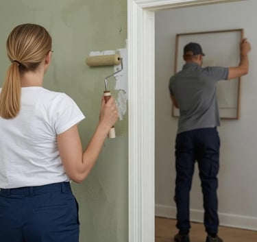 a lady painting a wall and a man hanging a picture