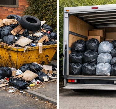 an overflowing untdy skip next to a neat house clearance van with bagged waste