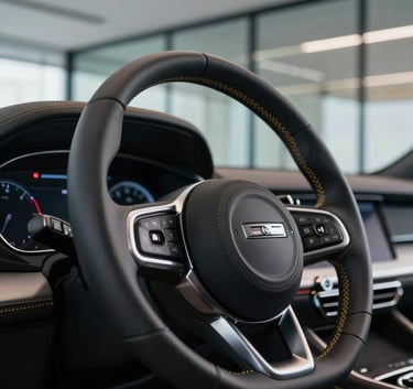 A close-up of a high-end luxury car steering wheel with gold stitching, parked inside a sleek contemporary glass-walled office in North American &amp;amp;amp;#x2F; US. Minimalist, premium, high-trust mood.
