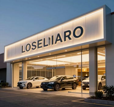 The exterior of a modern, upscale North American &amp;amp;amp;#x2F; US automotive dealership at twilight, glowing with warm white and gold lighting, featuring a clean architectural design and reflecting luxury.