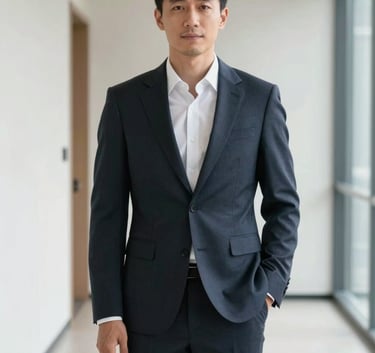 A confident professional in a Deep Charcoal Blue suit standing in a bright, minimalist office hallway with clean lines and Snowy Off-White walls.
