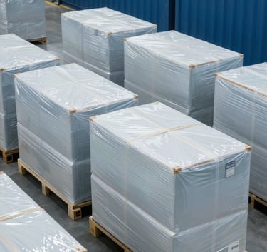 A professional wide shot of a modern logistics center with several neat packages ready for shipment. The color palette is dominated by steel blue and mist white, symbolizing modern efficiency and reliability.