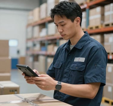 A professional employee in a logistics uniform inspecting a shipment with a digital device. The background is a clean, organized distribution center with soft sky and steel blue lighting.