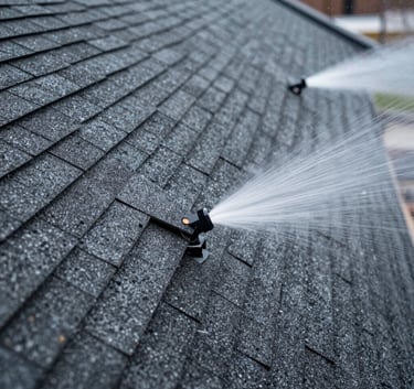Close-up photography of reinforced roofing layers and heavy-duty storm shingles being tested against water jets. The colors are dark navy and storm gray, emphasizing strength and durability, North American / US - New York City.