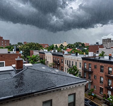 A high-angle shot of a residential rooftop in a New York City neighborhood during a heavy storm. Rain is lashing against the shingles, and dark storm clouds are swirling above. Powerful, cinematic photography, North American / US - New York City.