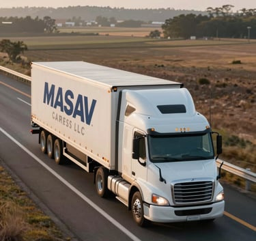 A high-angle shot of a white semi-truck driving on a modern highway through a clean landscape at sunrise. The lighting is crisp, highlighting the efficiency and movement of MASAV CARGO EXPRESS LLC.