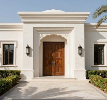 A stunning luxury villa entrance in the UAE, featuring white stone walls, a dark wooden door, and manicured desert landscaping. Bright daylight, high-contrast shadows, clean and prestigious Middle Eastern / Gulf aesthetic.
