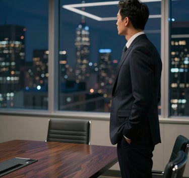 A professional in a dark tailored suit standing in a sleek, dimly lit North American / Western boardroom, looking out a large window at a dark midnight blue city skyline.