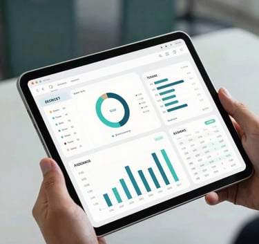 A close-up of a high-end digital tablet displaying a clean, professional data dashboard with performance indicators and project tracking graphs, held by a professional in a corporate suit, with a blurred modern office background in shades of dark green and light gray.
