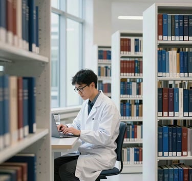 A focused doctoral researcher working in a modern International Academic university library, surrounded by glass walls and leather-bound books. Minimalist composition with a professional feel. Palette: Crisp White and Midnight Blue.
