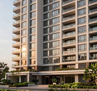 An exterior wide shot of a luxury apartment building in Chennai, Tamil Nadu. The architecture is modern with large balconies and lush green landscaping. The scene is shot during the golden hour, highlighting the sophisticated and trustworthy vibe of the property.