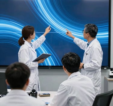 Professional researchers in a modern North American / US office setting, interacting with a large digital screen showing steel blue abstract patterns.