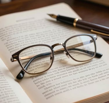 A pair of sophisticated reading glasses resting on a manuscript page in a North American / US library. The scene includes a dark charcoal fountain pen. The aesthetic is scholarly and refined, with soft shadows and a mood of quiet productivity.