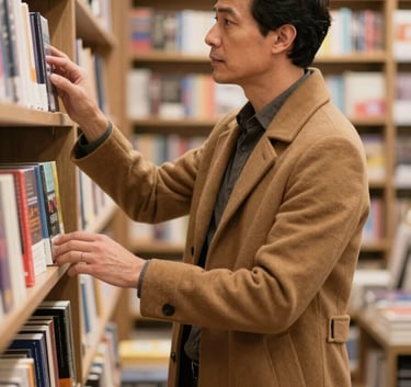 A professional author in a North American / US bookstore, looking at a shelf with a sense of accomplishment. They are dressed in a tailored coat of earthy brown. The background is slightly blurred, showing rows of books. The lighting is warm and inviting.
