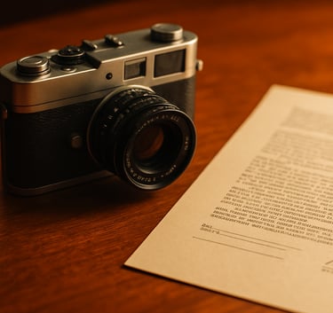 Close-up of a 35mm camera resting on a clean wooden desk next to a legal draft, warm editorial lighting, sharp focus