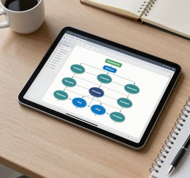 An overhead shot of a clean workspace featuring a tablet displaying a software architecture diagram with various nodes and connections. Next to it is a cup of coffee and a notebook. The color scheme follows a palette of sand and charcoal, reflecting a professional Brazilian office atmosphere.