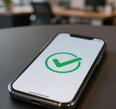 A professional macro shot of a sleek smartphone resting on a charcoal colored table. The phone screen shows a green checkmark icon inside a subtle geometric pattern, symbolizing a successful deployment. The background is a blurred office in São Paulo with warm lighting.