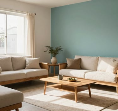 A wide shot of a serene, spotless living room in a Brazilian apartment, minimalist wooden furniture, soft afternoon sun, warm and inviting atmosphere, tones of off-white and medium teal.