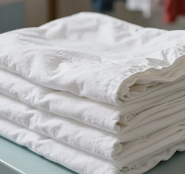A close-up of freshly laundered and neatly folded white linens on a light blue-green surface, South American / Brazilian laundry area setting, bright and natural lighting conveying a sense of hygiene.