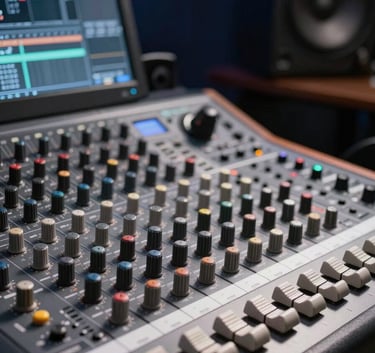 A professional close-up of a high-end music mixing console next to a film editing monitor. Mist white light reflecting off metallic knobs, dark navy shadows in the background studio.