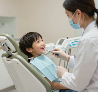 A happy child sitting in a dental chair, smiling at a friendly dentist. The room is modern, bright, and cozy with warm olive and beige tones. High-quality medical photography focusing on a family-friendly environment.