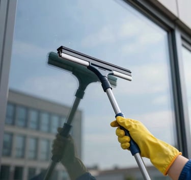 Close-up of a professional cleaner using a squeegee on a large glass window, clear view of the sky, reflecting a clean and modern building exterior, Mitteleuropäisch / Deutsch setting.