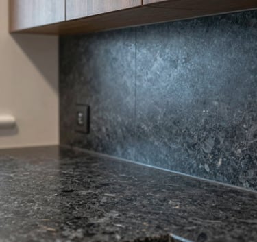 A detailed close-up of a modern kitchen renovation in a North American / Canadian (with South Asian cultural influence) residence. Showcasing dark slate grey granite countertops and steel blue backsplashes with soft ambient lighting.