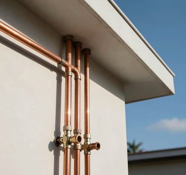 Professional installation of copper gas pipes on the exterior wall of a modern Brazilian house, clean lines, sunny day, sharp focus on the technical fittings, deep blue sky background.