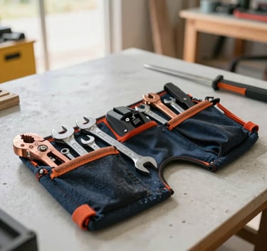 A professional tool belt with wrenches and copper pipe cutters laid out on a clean workbench, soft natural morning light, South American / Brazilian construction site, professional and modern atmosphere.