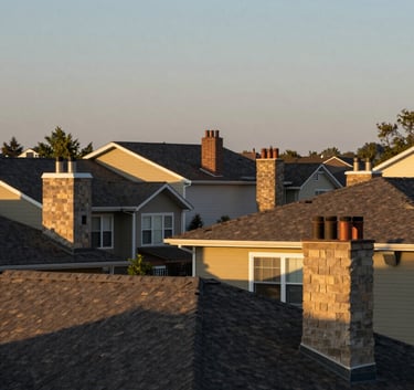 An exterior shot of a residential North American neighborhood in the evening, focusing on well-maintained chimneys and rooftops under a clear sky, symbolizing safety and home care.