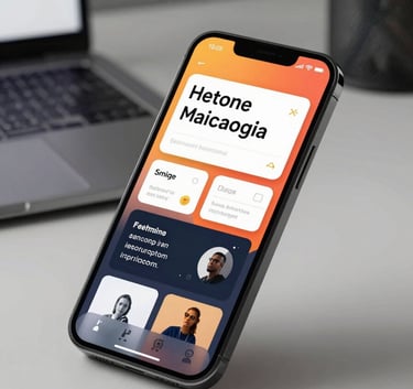 A high-end smartphone showcasing a vibrant mobile app interface with clean typography, placed on a minimalist desk in a North American tech studio.