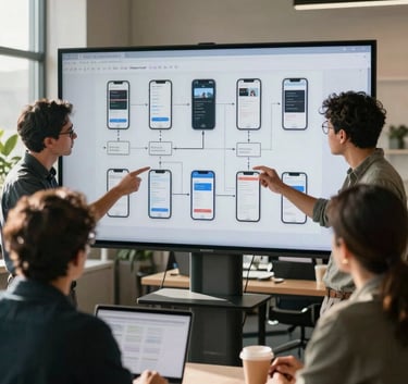A professional North American creative team discussing mobile app architecture around a large digital display in a sunlit, modern workspace.