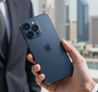 A high-end photograph of a sleek, modern smartphone held by a hand in a professional business setting. The background shows a blurred view of a modern city in the Middle Eastern / Gulf region. Bright, clean lighting with Navy Blue tones.