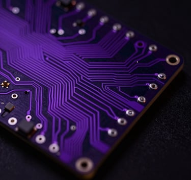 Close-up of a modern circuit board with glowing traces in vibrant purple, with a sleek minimalist aesthetic against a deep black background.