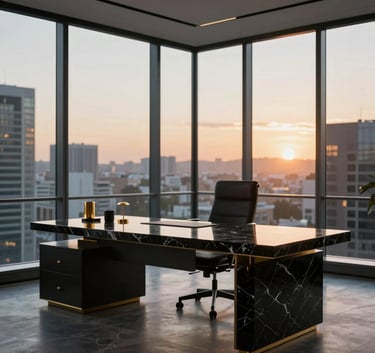 A high-end, contemporary workspace in a South African business district with a black marble desk, gold desk accessories, and floor-to-ceiling windows showing a blurred urban sunset.