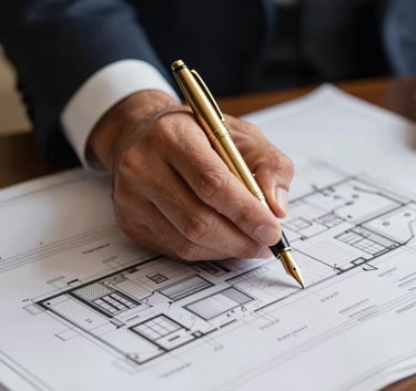 Detailed shot of a professional hand in a dark suit placing a gold fountain pen on top of architectural blueprints for a South African luxury estate. Sophisticated atmosphere.
