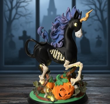 a dark gothic statue of a unicorn with lights inside